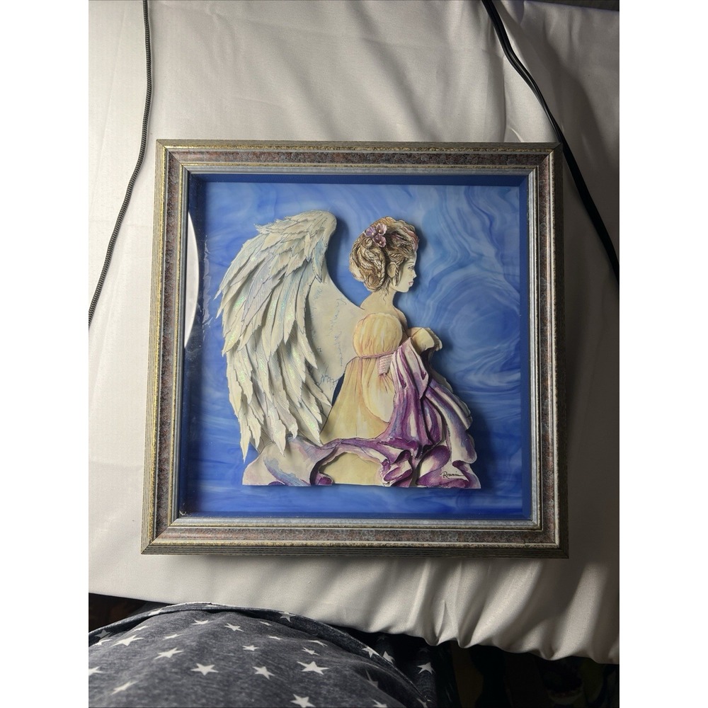 Vintage 3D Layered Paper Angel Woman Shadow Box Art Signed Framed 14"